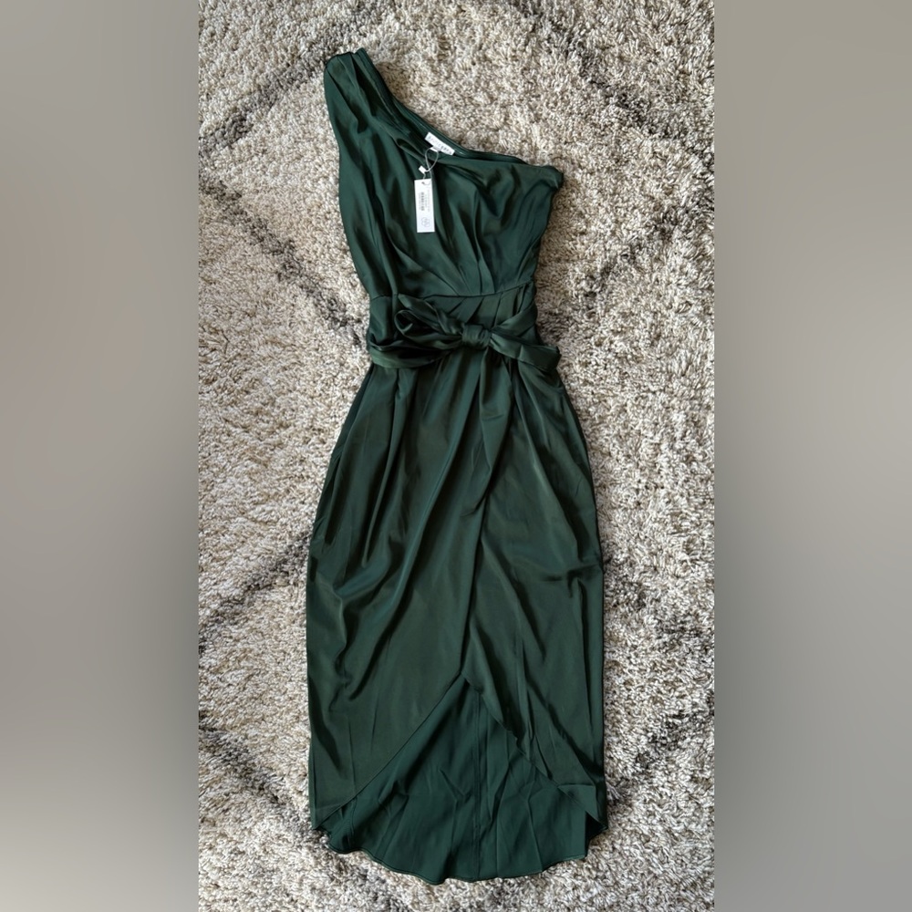 Baltic Born Deep Green Satin Wrap Midi Dress with Waist Tie